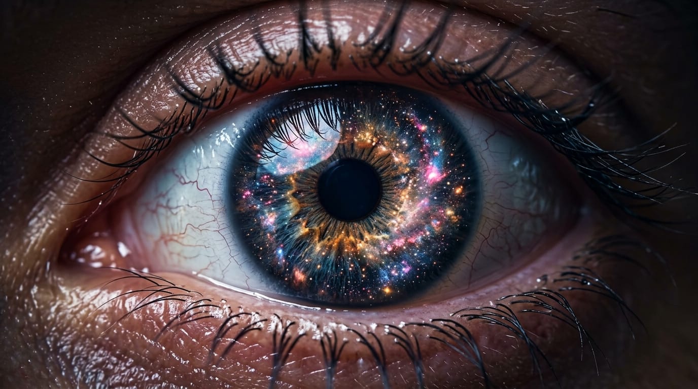 A macro shot of a human eye, the iris reflecting a swirling galaxy of stars and nebulas, cinematic lighting, extreme detail, 8k resolution