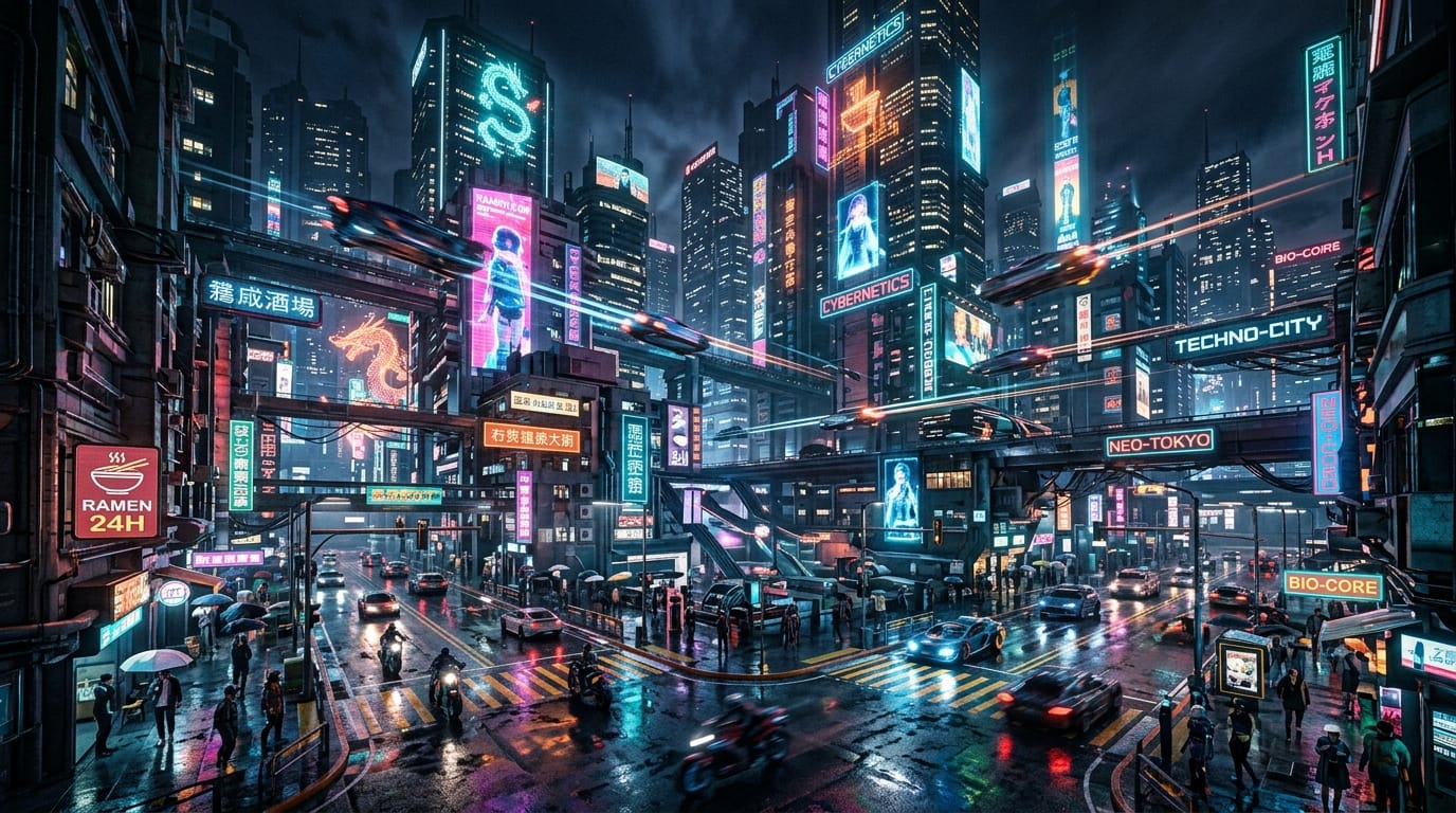 A cinematic wide shot of a futuristic cyberpunk city at night, neon lights reflecting on wet streets, flying cars passing by, highly detailed, photorealistic, 8k resolution, cinematic lighting