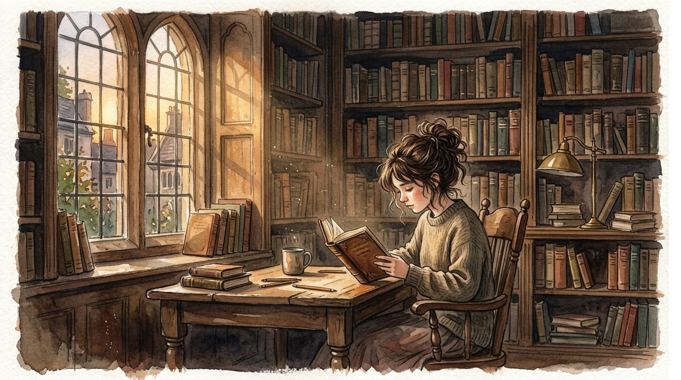 traditional hand-drawn style, delicate watercolor painting, rough paper texture, visible brushstrokes, a quiet library at dusk, soft golden hour sunlight filtering through dusty windows, a girl with messy hair reading a vintage book, muted warm colors, masterpiece, highly detailed