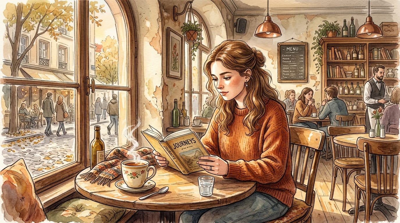 A beautiful illustration in traditional hand-drawn style, watercolor textures, soft lighting, a young woman reading a book in a sunlit cozy cafe, detailed brushstrokes, warm color palette, masterpiece.