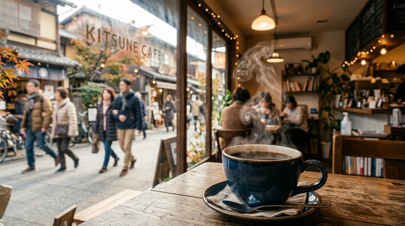 コーヒーカップから立ち上る湯気、背景のカフェの窓の外では人々がゆっくりと歩いている、暖かみのある照明、落ち着いた雰囲気、シネマティック