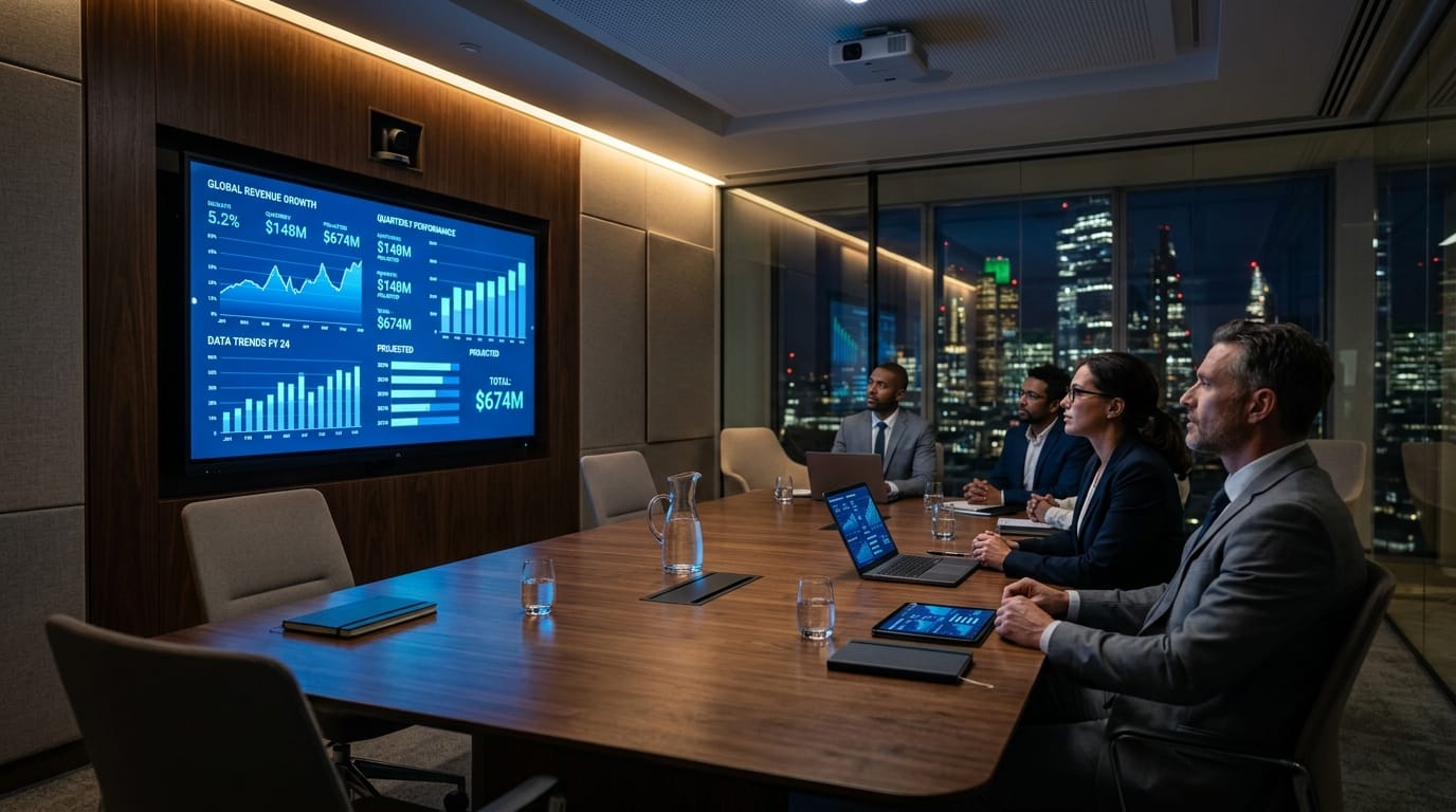 A modern corporate boardroom with a large screen displaying a blue glowing data chart, cinematic lighting, professional atmosphere, photorealistic