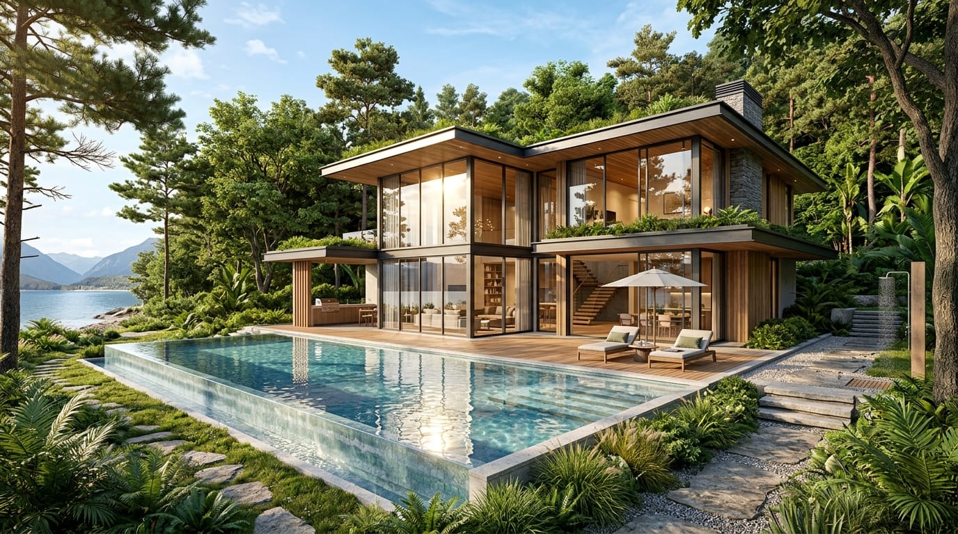 A highly detailed architectural rendering of a modern glass villa with a swimming pool, surrounded by lush green trees, sunlight reflecting on the water, photorealistic
