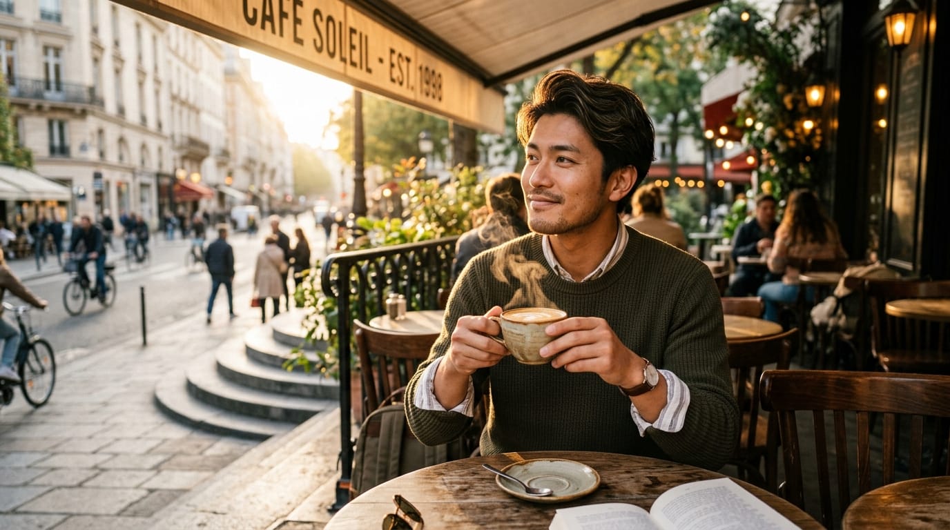 カフェのテラス席で、湯気の立つコーヒーカップを手に持ち、リラックスした表情で遠くを見つめる若い男性。朝日が差し込み、温かみのあるシネマティックな映像。