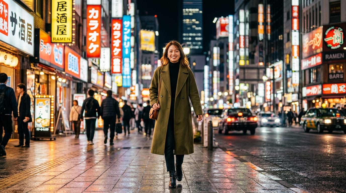 都会の夜景を背景に、スタイリッシュなコートを着た女性がカメラに向かって微笑みながら歩いてくる。ネオンの光が反射し、映画のような高品質なライティング。被写界深度（ボケ量）が深く、背景の小道具が美しくぼやけている。