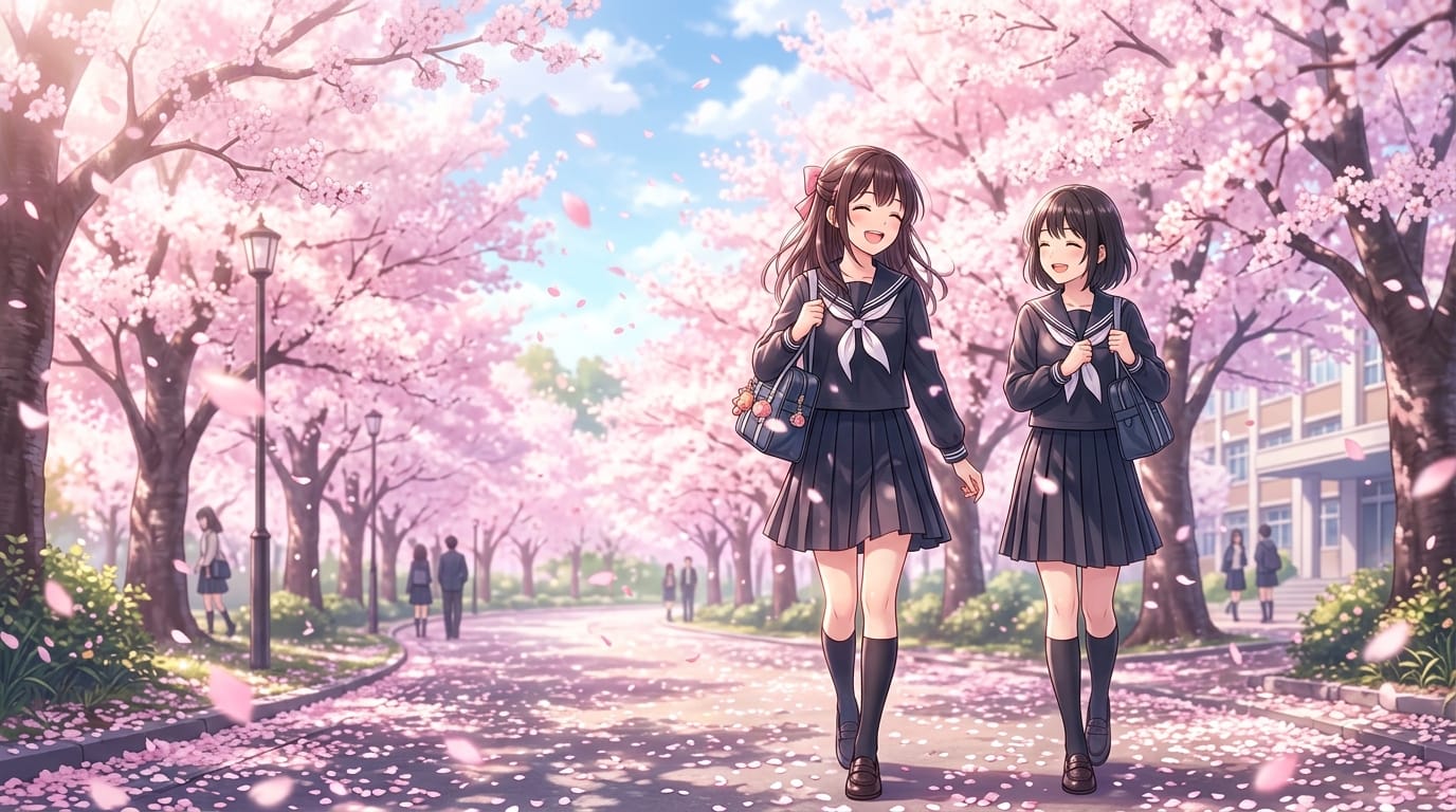 春の桜並木を歩く制服姿の学生。花びらが風に舞い、柔らかなピンク色の光が全体を包み込んでいる。近年の人気作品に見られる繊細な画風、明るく希望に満ちた雰囲気、透明感のある色彩。