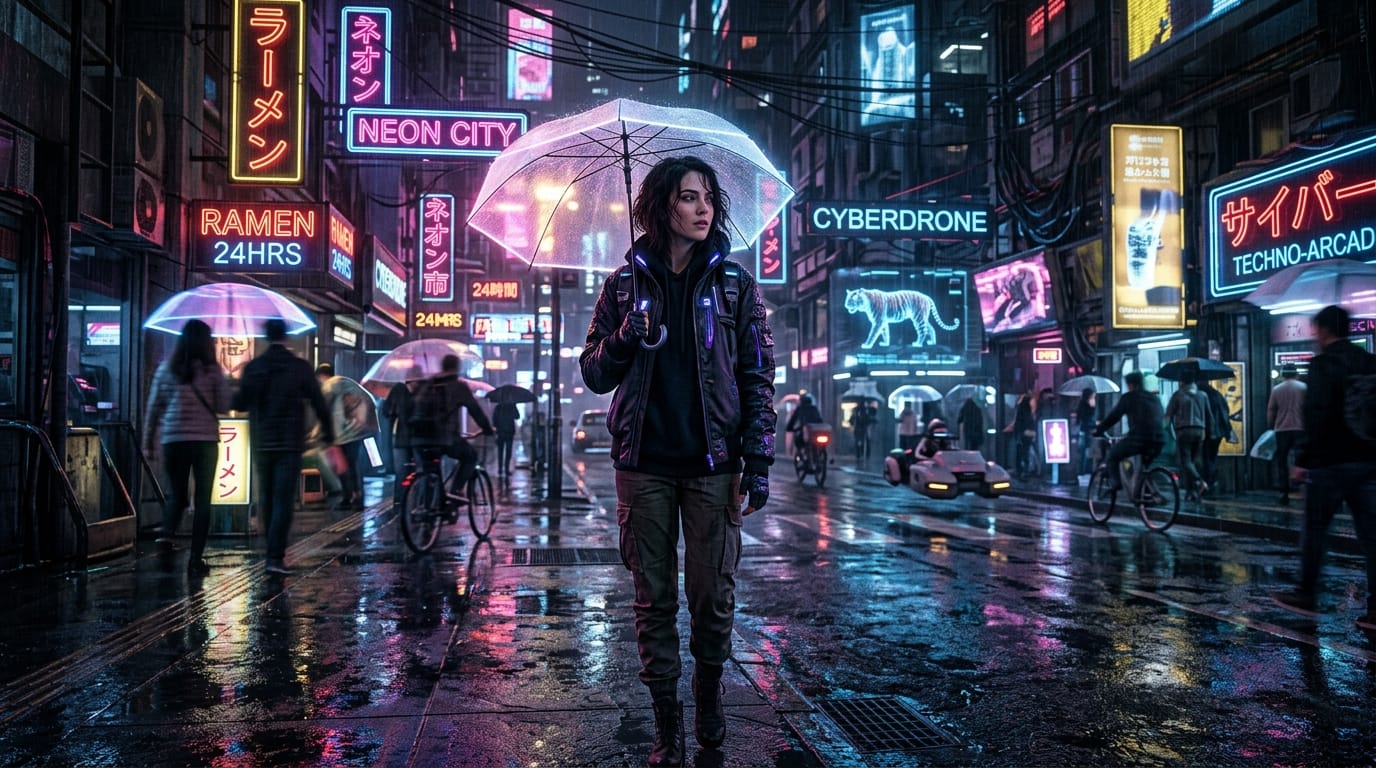 A highly detailed cinematic shot of a young woman standing in a neon-lit cyberpunk street, rain reflecting on the ground, realistic textures, soft lighting, depth of field, 8k resolution