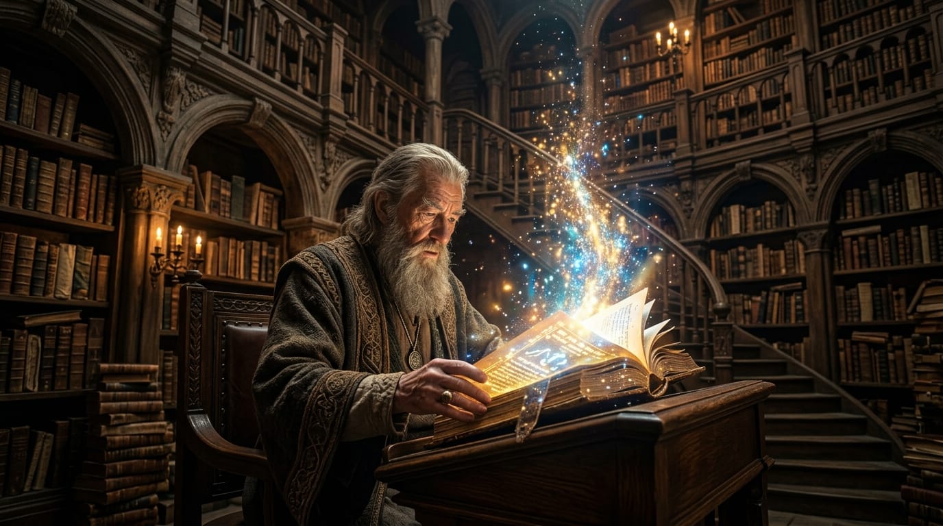 古代の図書館で魔法の書物を開く賢者。本から溢れ出す輝く光の粒子、周囲に並ぶ無数の古い本。重厚な雰囲気、シネマティックな照明、ディテールのシャープさと豊かな情報量。