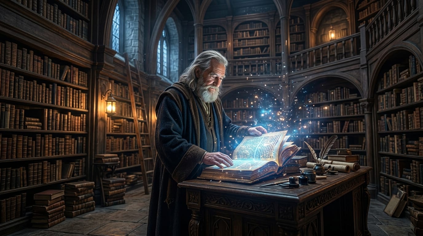 An ancient library with a wise scholar opening a glowing magical book, particles of light floating in the air, countless old books on shelves, cinematic lighting, highly detailed, realistic texture