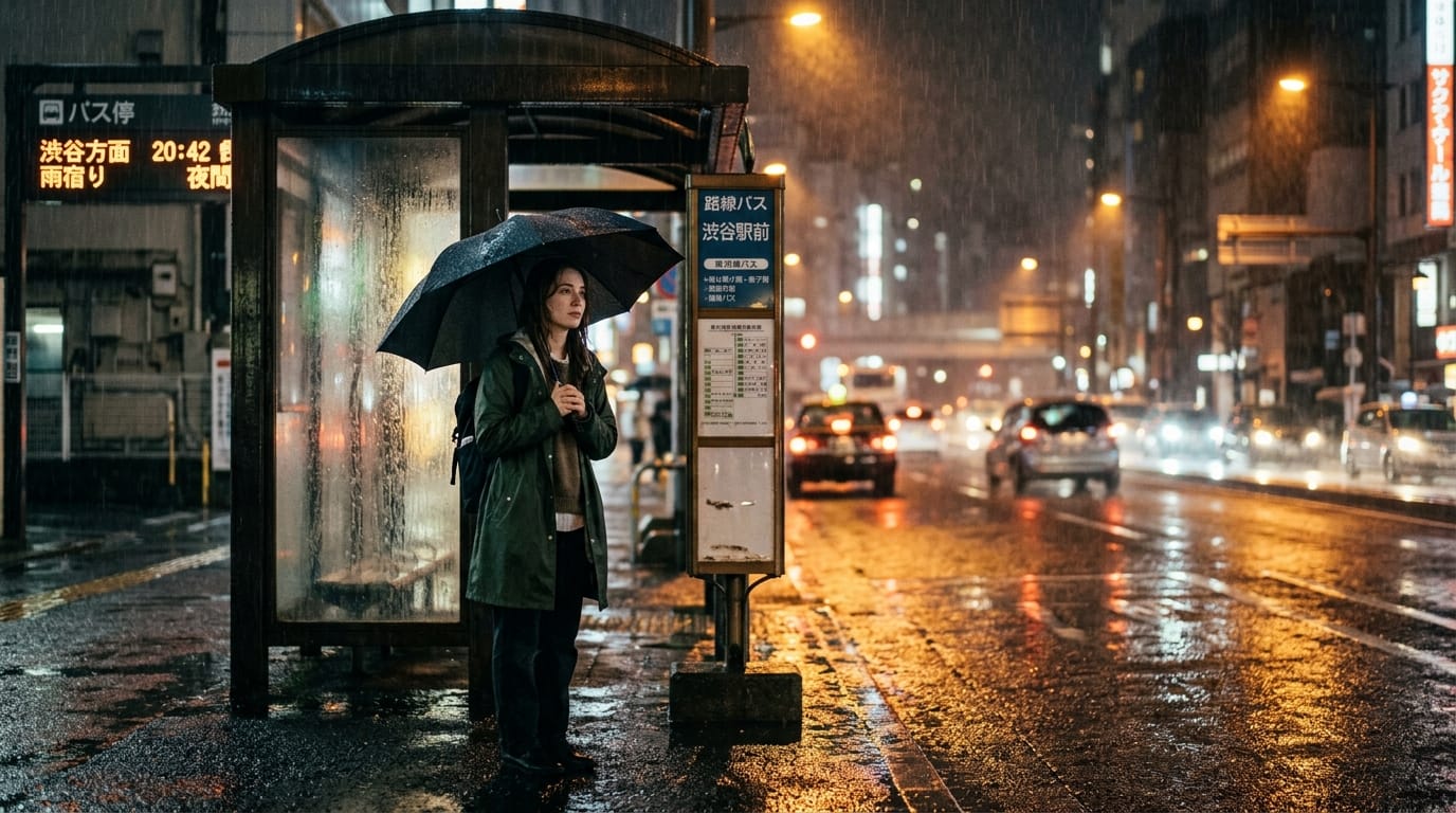 雨の日のバス停で傘をさして立つ人物。街灯の光が濡れたアスファルトに反射し、少し寂しげな表情が浮かび上がる。実写的なリアルさ、感情表現の深み、映画のワンシーンのような構図とライティング。