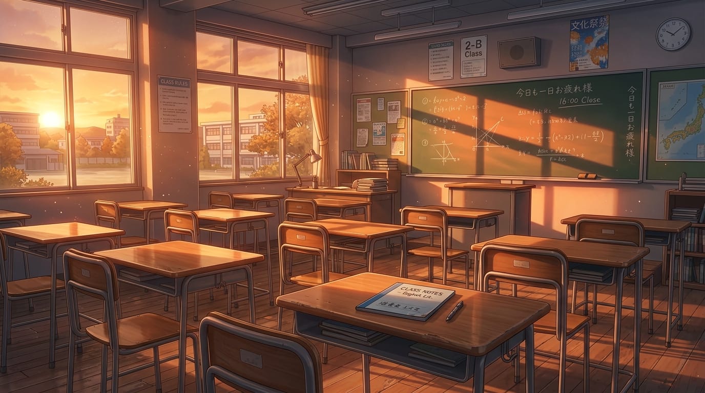 An empty classroom at dusk, orange evening sunlight streaming through the windows, a single notebook placed on a desk, light reflecting on the blackboard, glowing dust particles in the air, nostalgic and quiet after-school scenery, delicate and highly detailed anime style, location-specific details
