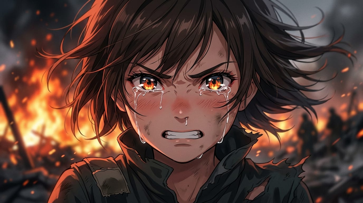 Close up of an anime girl crying but with a determined expression looking forward, fire reflected in her eyes, short hair blowing fiercely in the wind, delicate anime style popular in recent years, sharp eye details, dramatic contrast lighting, depth of field blurring the background