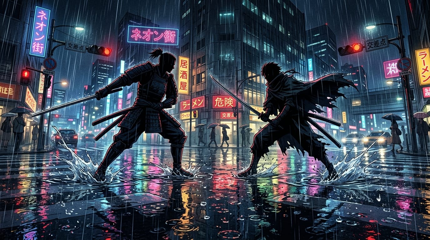 激しい雨が降る夜の交差点で剣を構えて対峙する二人のシルエット、水たまりに反射する街灯の光、飛び散る水しぶき、ローアングルからのダイナミックな構図、緊迫した空気感、アニメのキービジュアル風、シャープなエッジ