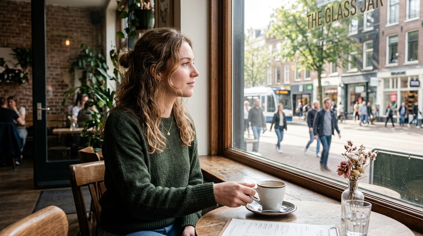 A young woman sitting by a cafe window, placing down a coffee cup and slowly turning her gaze to look outside, natural movement, smooth camera pan.