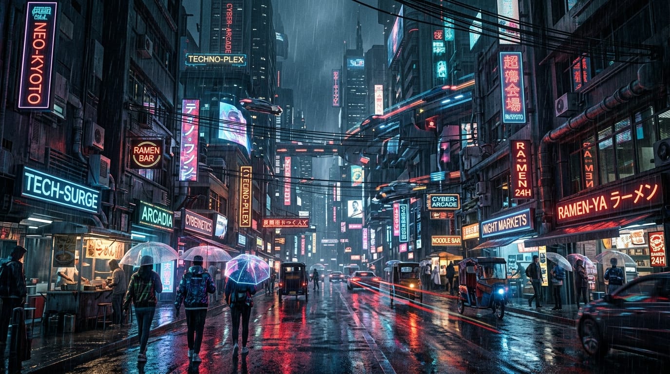 A cinematic wide shot of a futuristic cyberpunk city street in the rain, neon lights reflecting on wet pavement, slow camera pan.