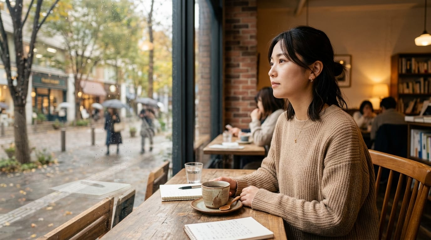 カフェの窓際に座る若い女性が、コーヒーカップを置き、ゆっくりと窓の外へ視線を向ける。自然な動作と滑らかなカメラのパン。