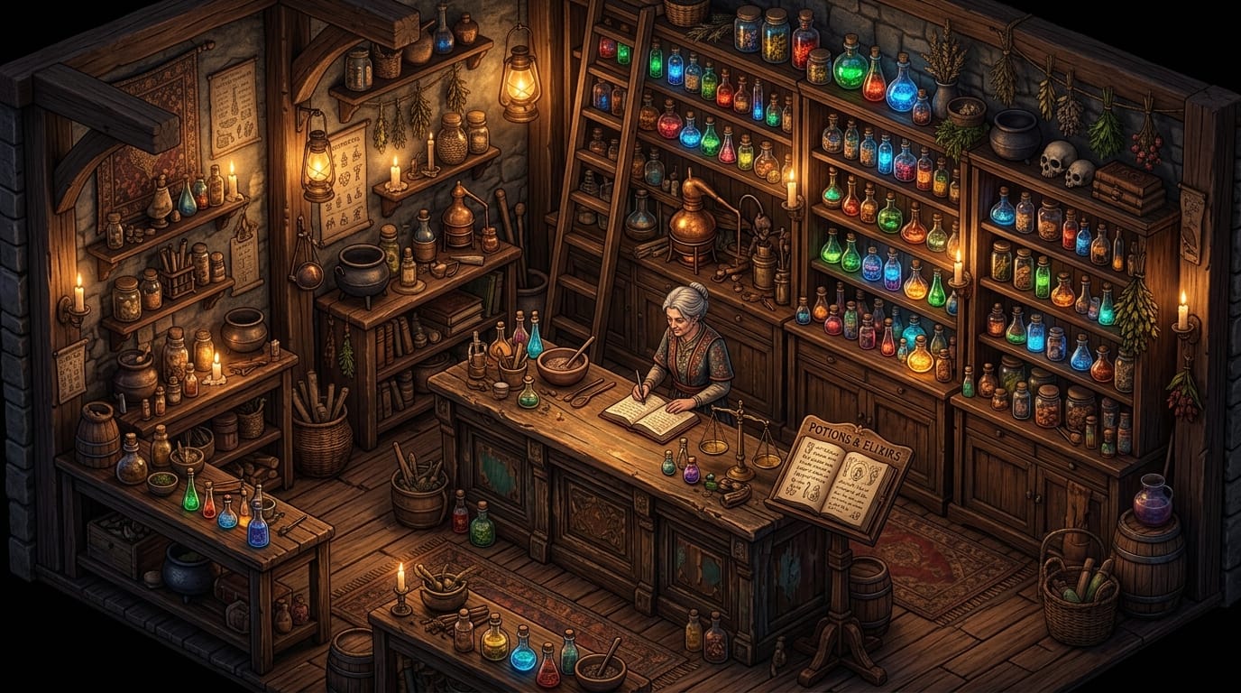The interior of a cozy fantasy potion shop, wooden shelves filled with glowing colorful glass bottles, an old wooden counter, a dusty grimoire on a reading stand, warm candlelight, intricate details, isometric perspective