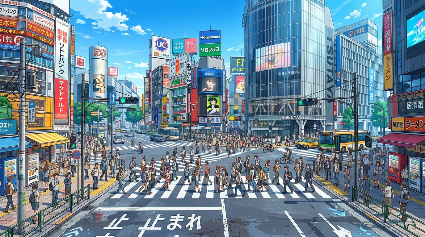 A busy modern Tokyo street intersection during daytime, tall glass buildings, clear blue sky, pedestrian crossings, realistic shop signs with Japanese text, vibrant colors, clear perspective, anime style background