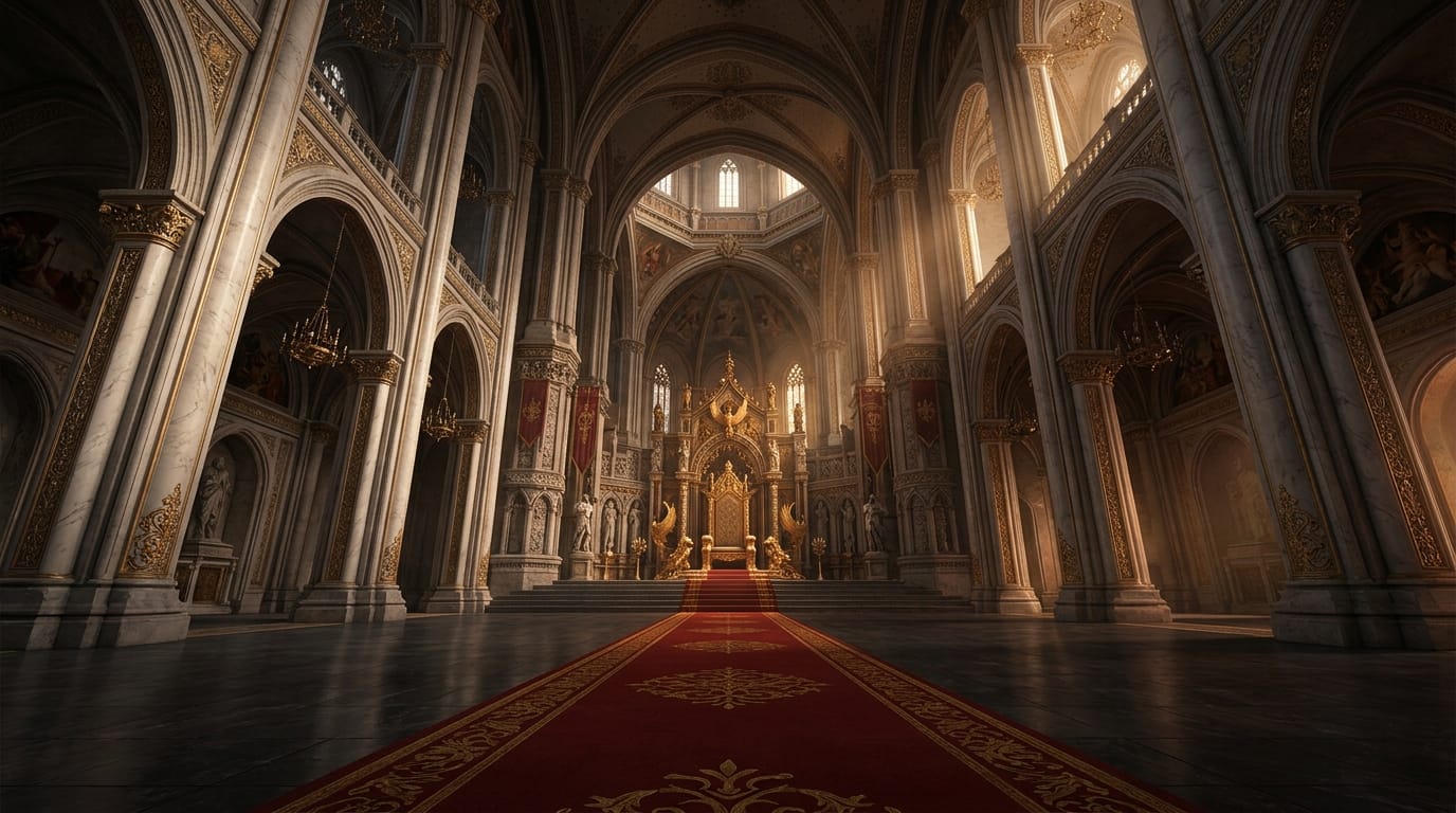 A grand fantasy throne room viewed from a low angle, towering marble pillars, a red carpet leading to an empty golden throne, dramatic lighting, empty space in the lower half for UI elements, epic cinematic illustration