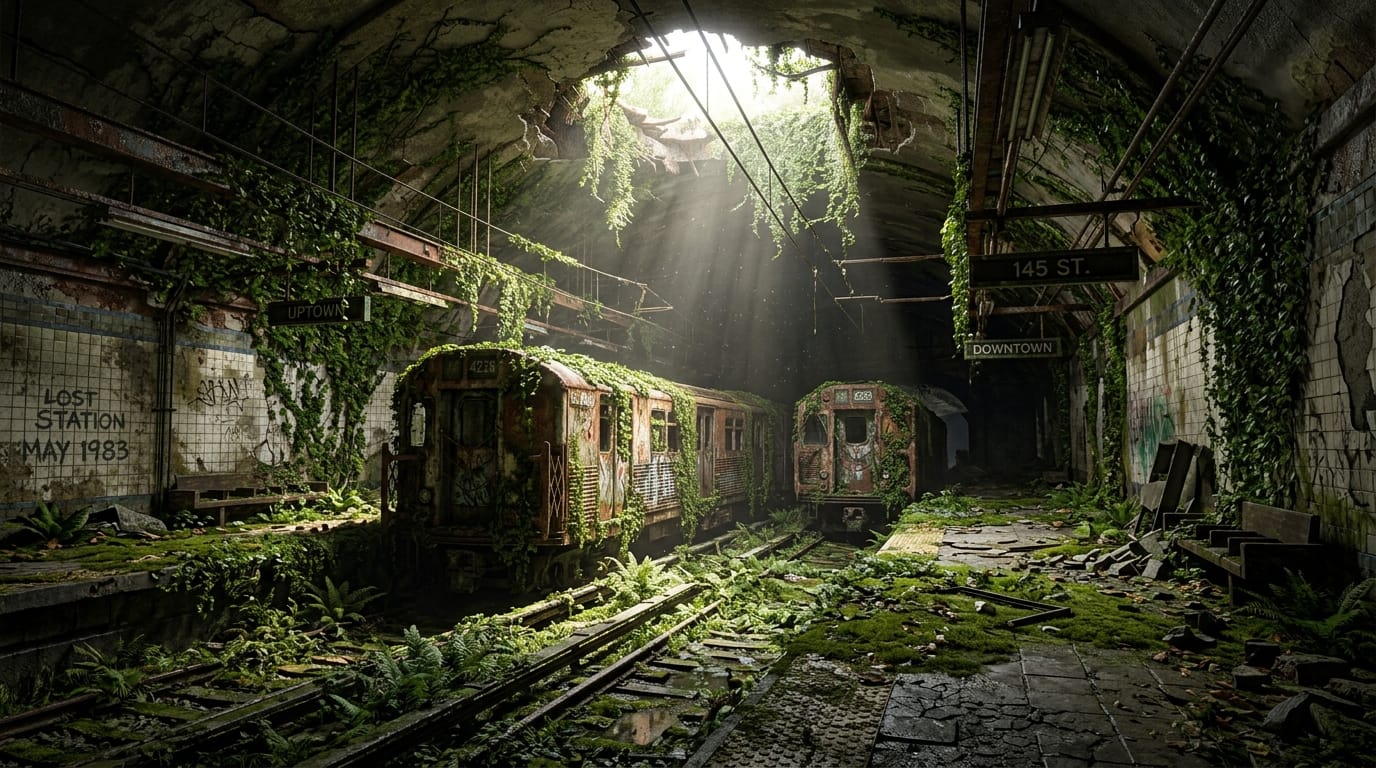 An abandoned overgrown subway station, sunlight piercing through a collapsed ceiling, lush green vines wrapping around rusted trains, mossy platforms, quiet atmosphere, detailed environmental art