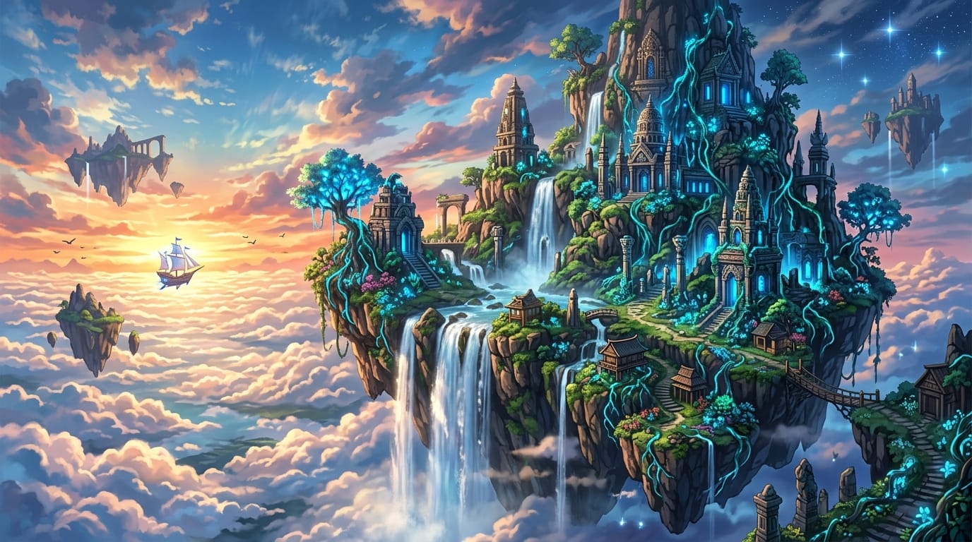 A majestic floating island in the sky, ancient ruined temples overgrown with glowing blue vines, waterfalls cascading into the clouds, vibrant fantasy landscape, highly detailed anime style background