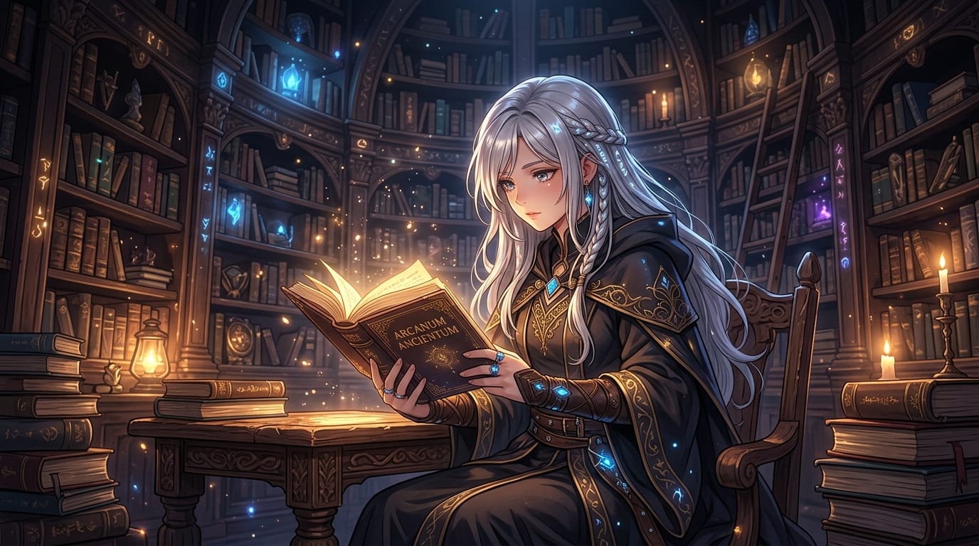 A young female wizard with silver hair reading an ancient magical book in a dimly lit library, floating glowing dust, intricate bookshelves in the background, cinematic lighting, highly detailed, anime style, --niji 7