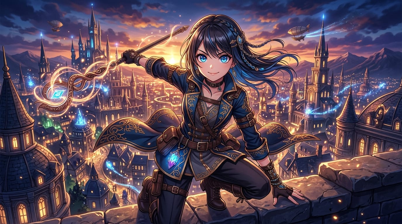 1girl, highly detailed, expressive eyes, looking at viewer, dynamic pose, fantasy city background, cinematic lighting, rich colors, intricate details, anime style, --niji 7