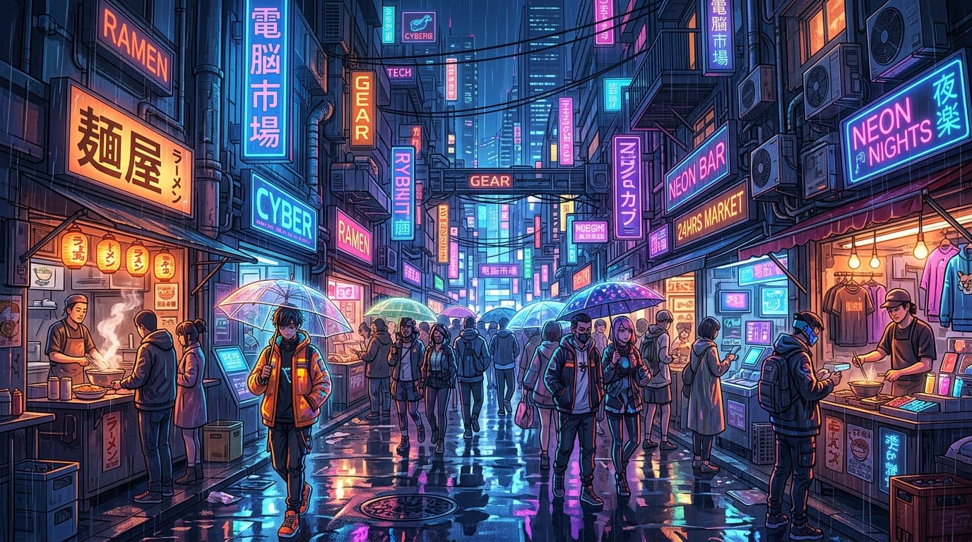 Masterpiece concept art, a futuristic cyberpunk street market at night, neon lights reflecting on wet pavement, bustling crowd, highly detailed, anime style, --niji 7